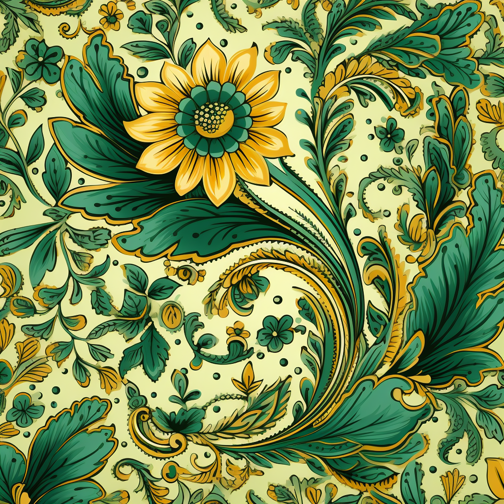 Indian floral clothing patterns in green and mustard