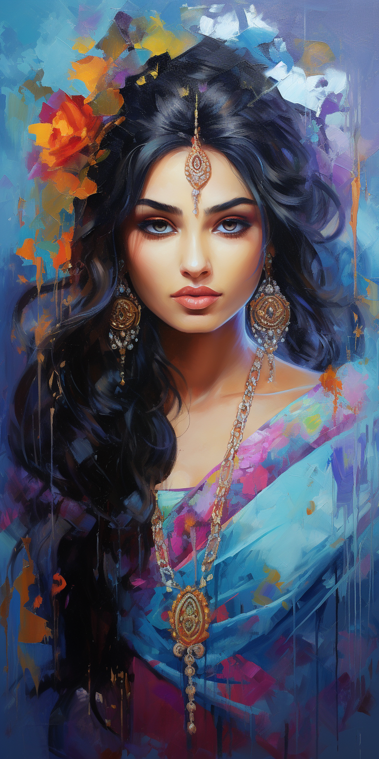 Indian girl wearing cultural clothes and jewelry - artistic painting