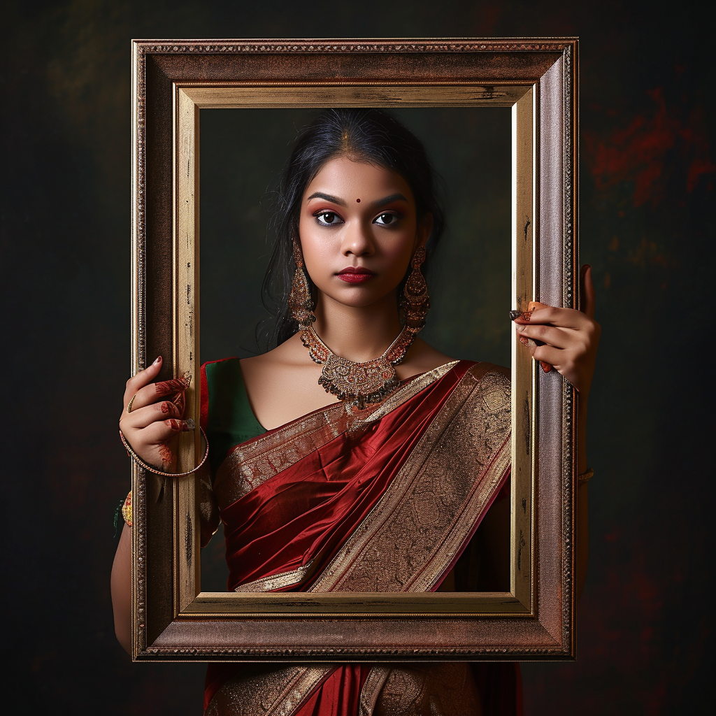 Indian girl holding picture frame mockup