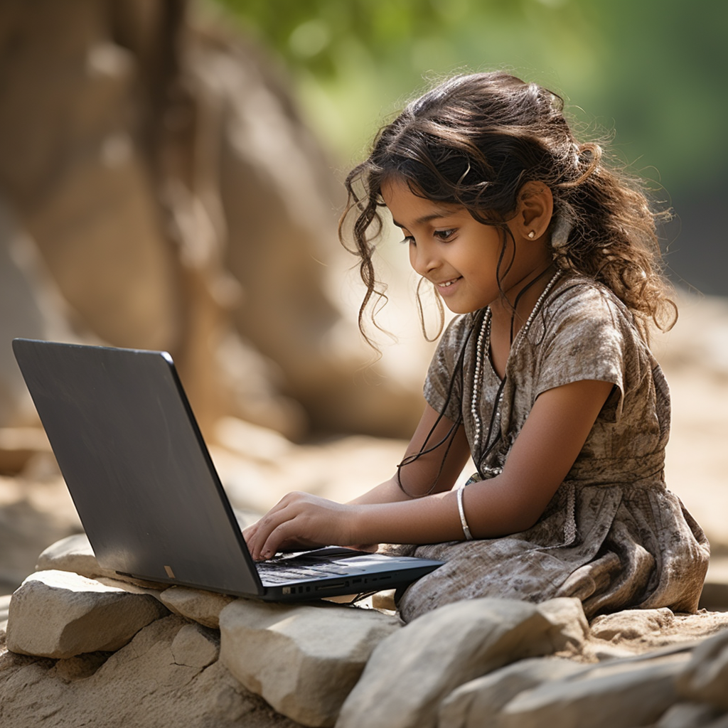 Indian girl using laptop in rural school