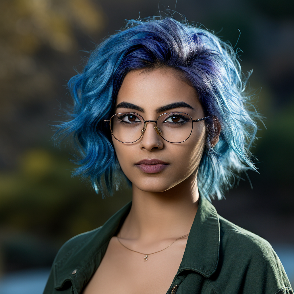 Indian graduate student with blue hair and glasses