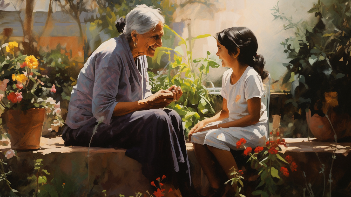 Indian grandmother and granddaughter talking in garden