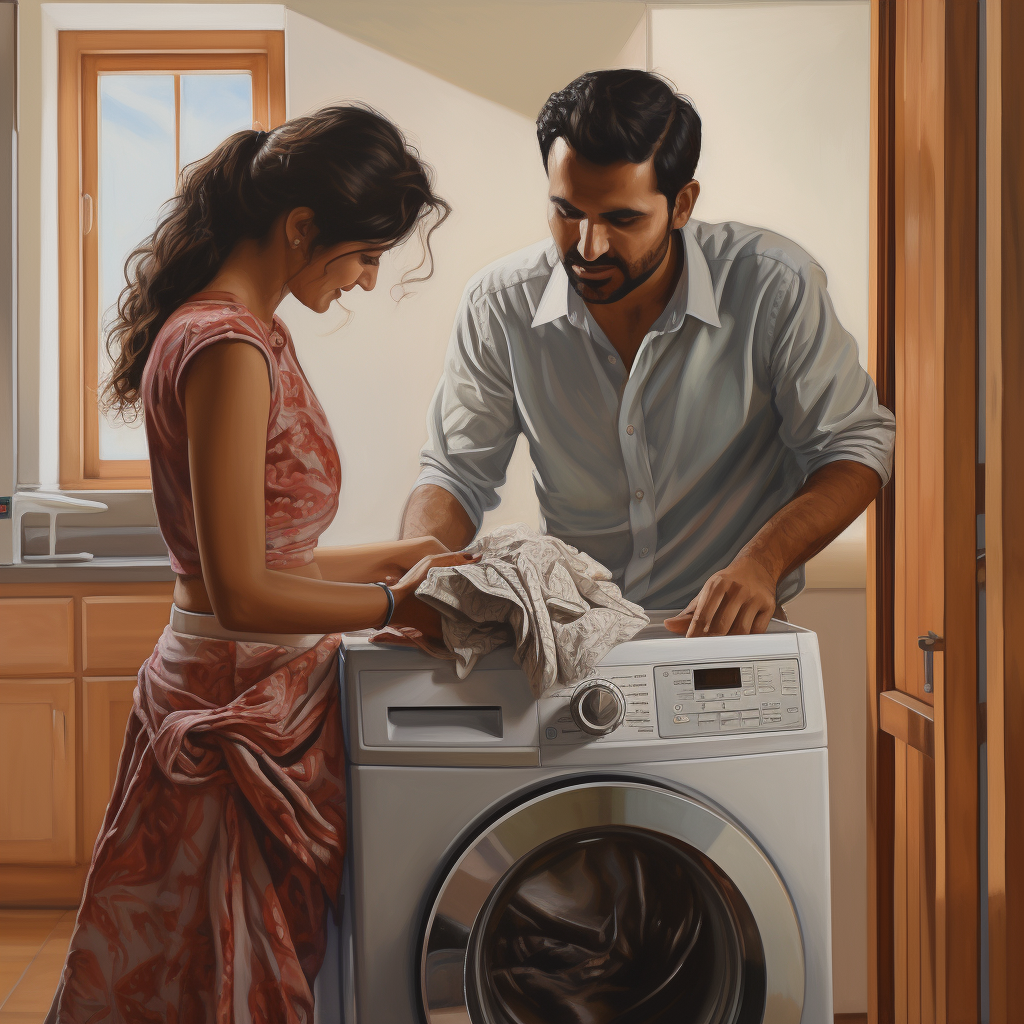 Indian husband washing clothes, wife evaluating his work