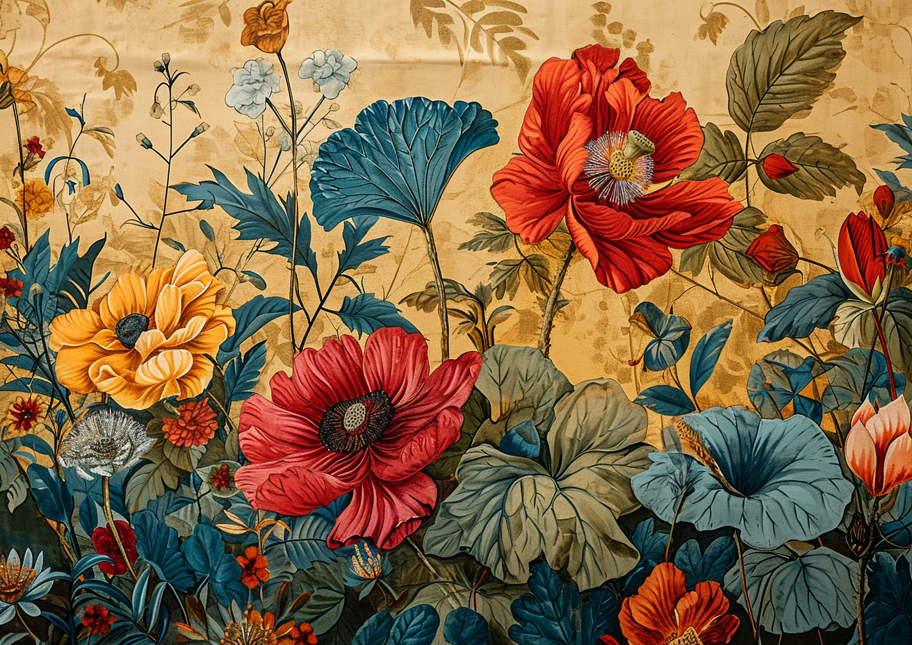 Vibrant Indian Kalamkari Painting with Garden Flowers