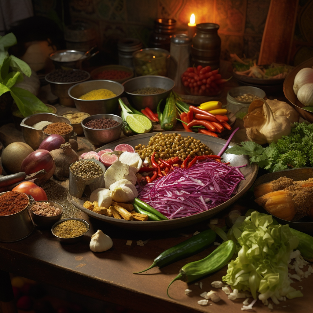 Closeup of Indian kitchen table vegetables