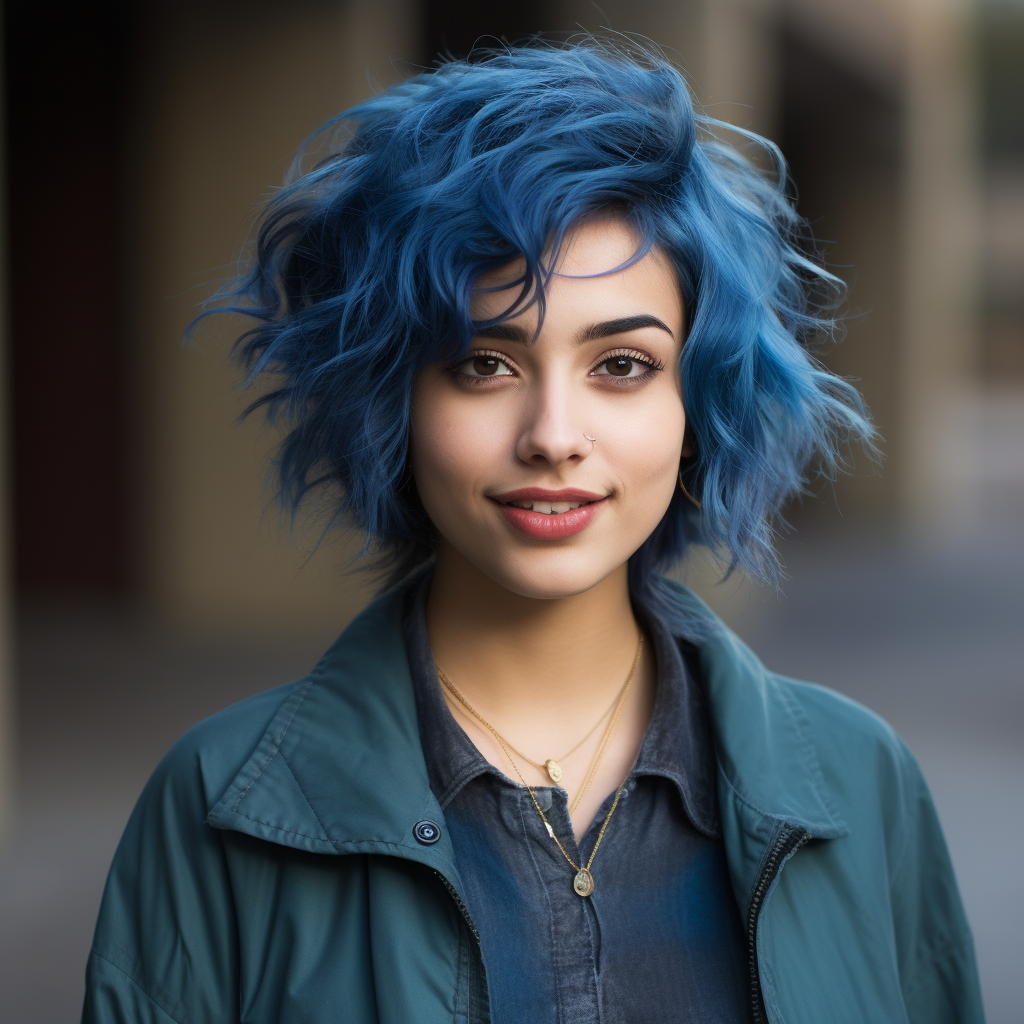 Indian student with blue hair studying