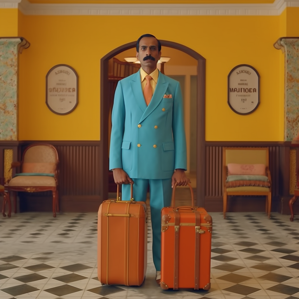 Indian man in blue suit with luggage in hotel lobby