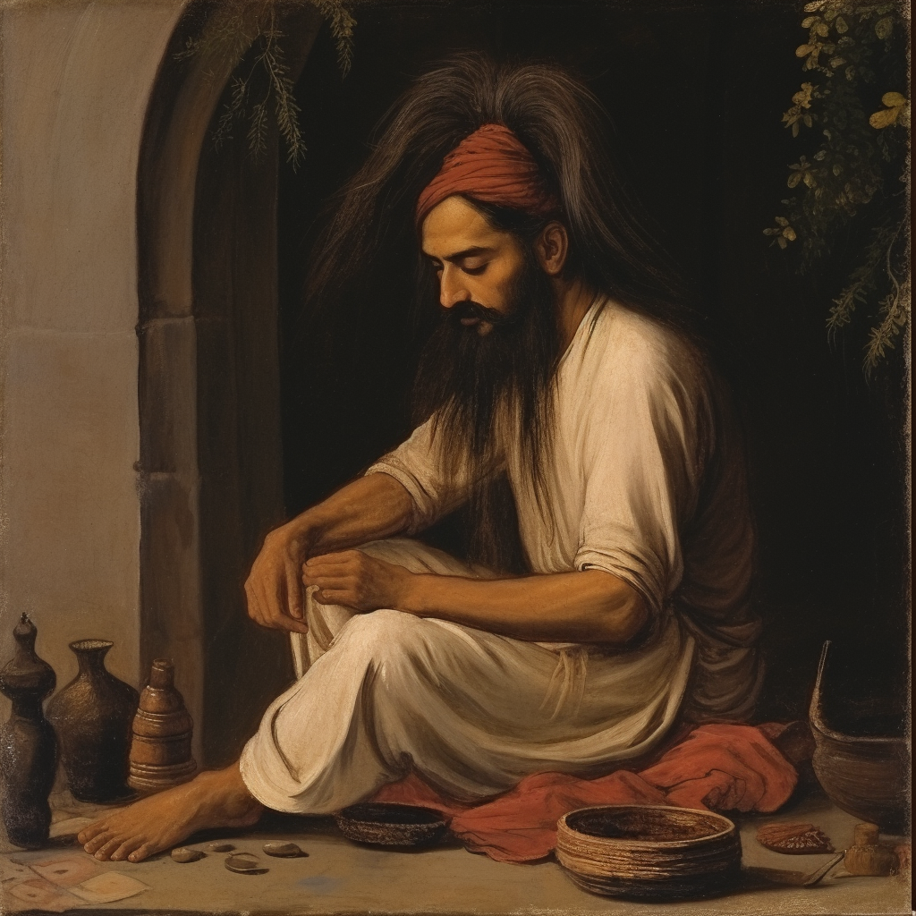 Indian man with long hair and beard picking his hair