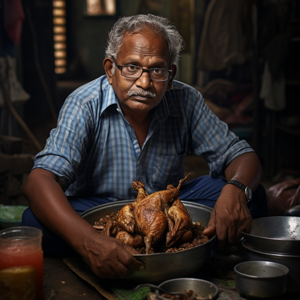 Indian man serving chicken biriyani dish