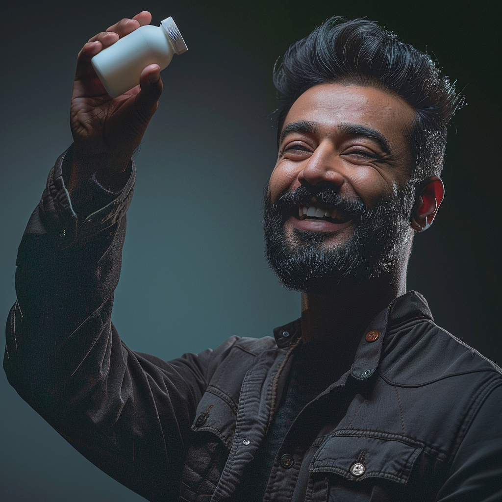 Handsome Indian man holding supplement bottle