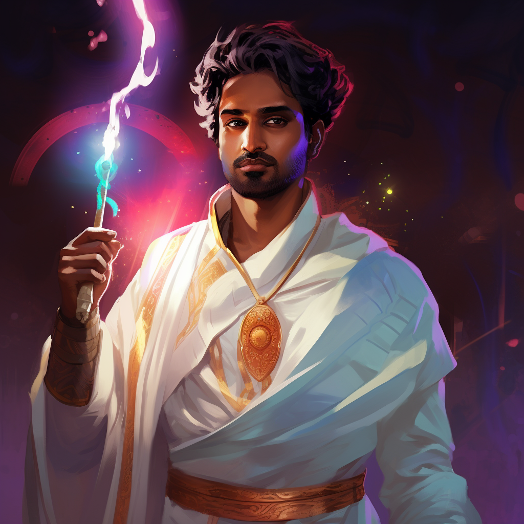 Indian man wearing white robes with glowing glyphs