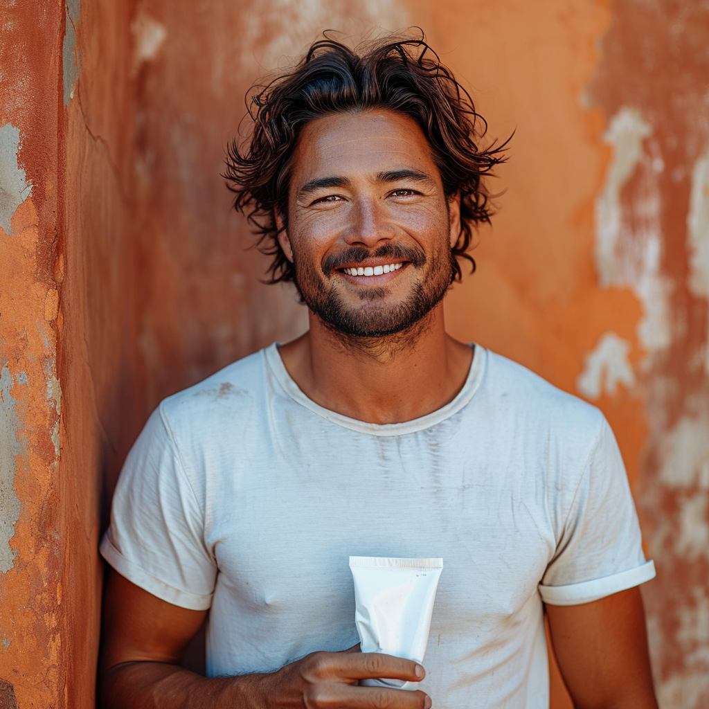 Indian man with white t-shirt and tube, smiling