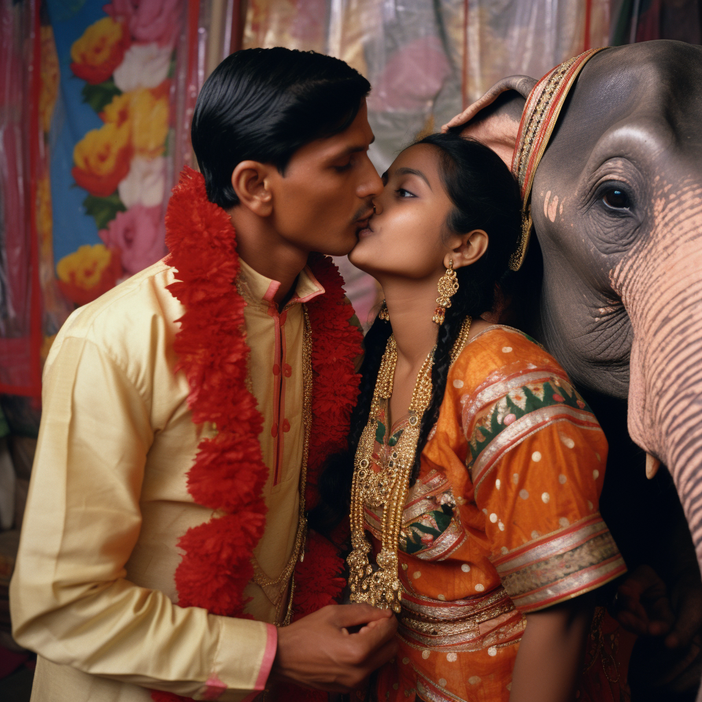 Romantic Indian couple kissing an elephant trunk