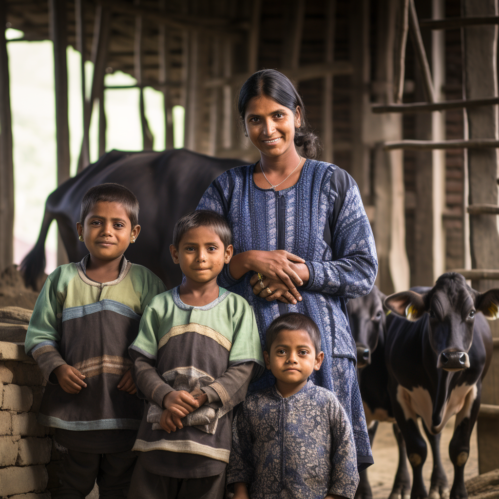 Indian mother with her five children in front of cow barns