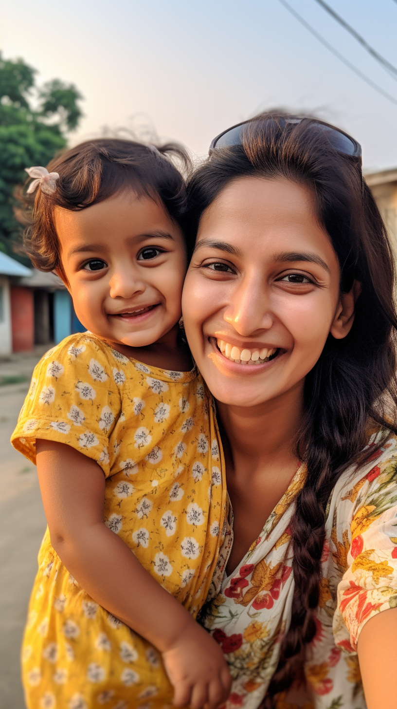 Indian mother and daughter smiling in summer clothes