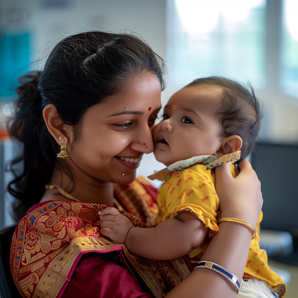 Indian mother playing with baby at office