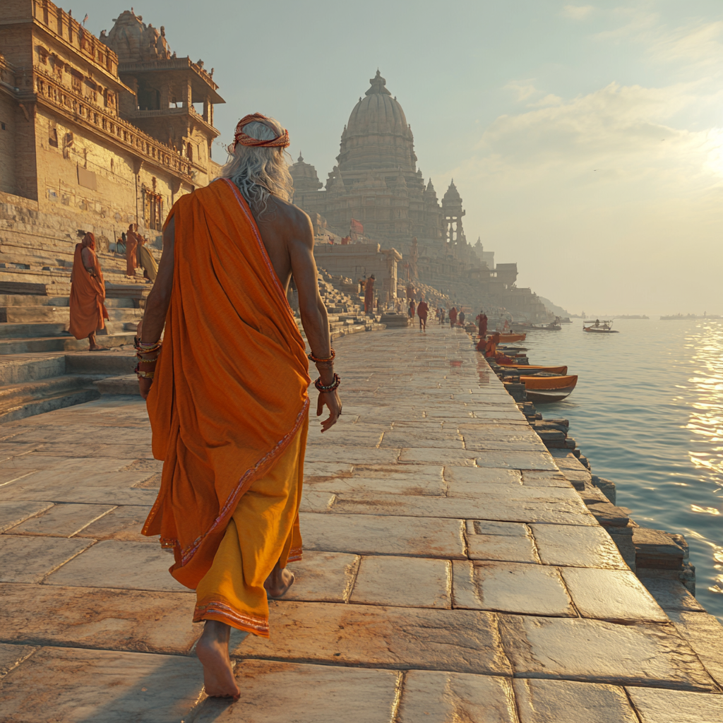 Colorful Indian Sadhu Walking Ganga