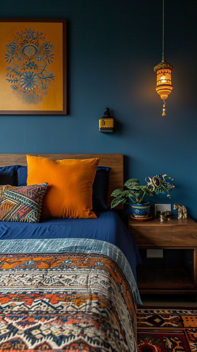 Indian style apartment bedroom with rich color palette