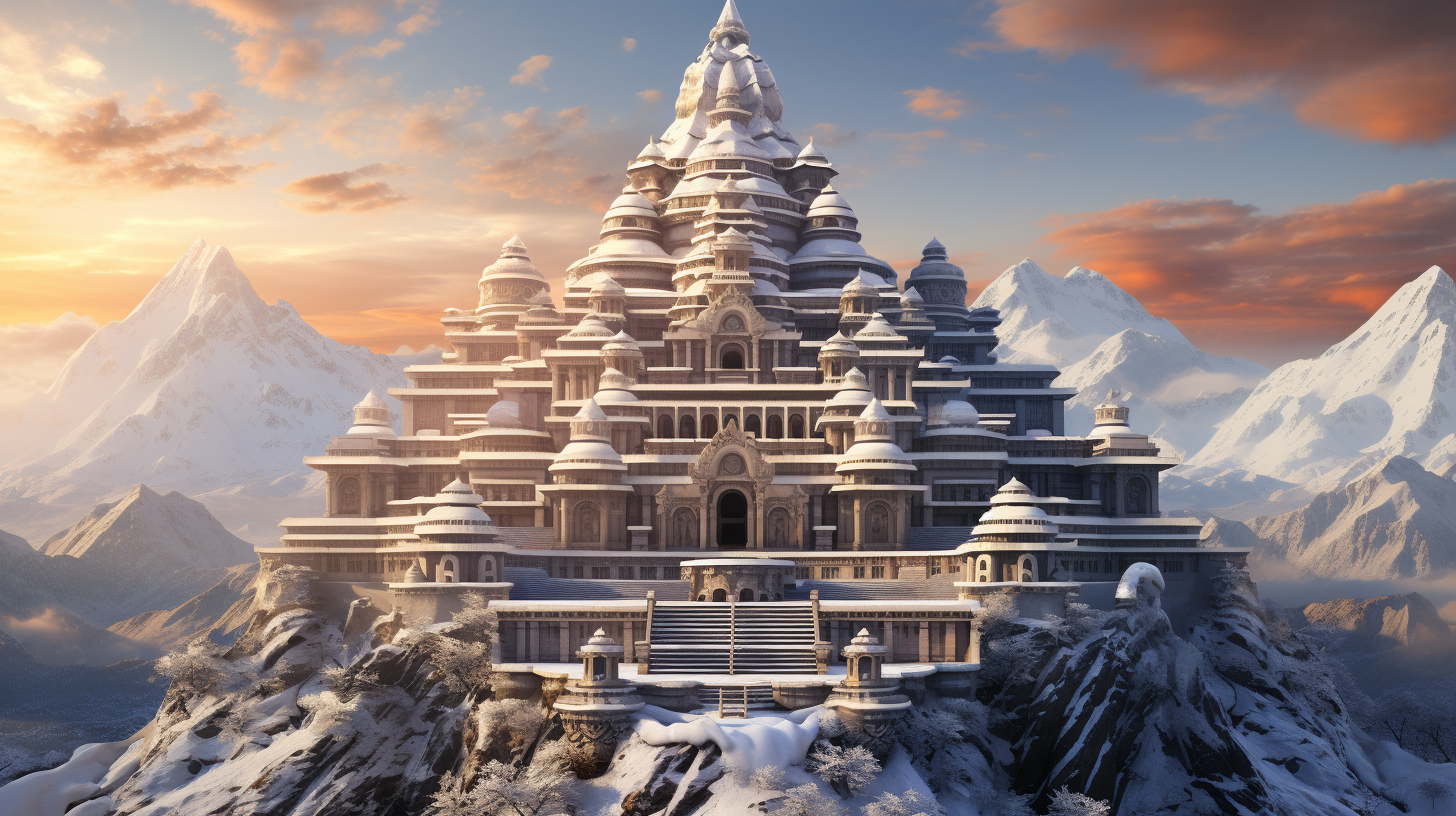 Fantasy illustration of a majestic Indian temple in the snow