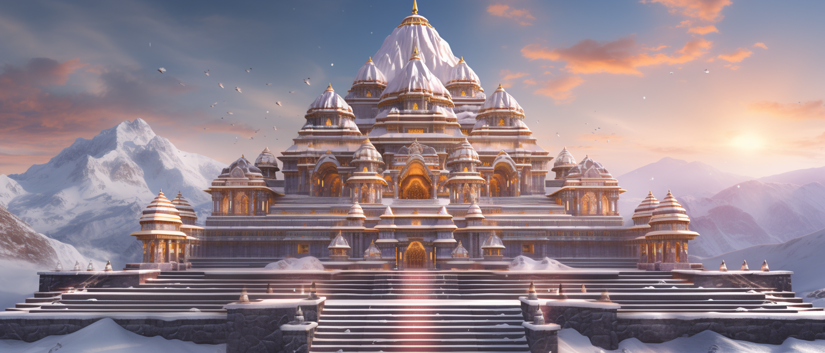 Magnificent Indian temple in snow-peaked Himalayas