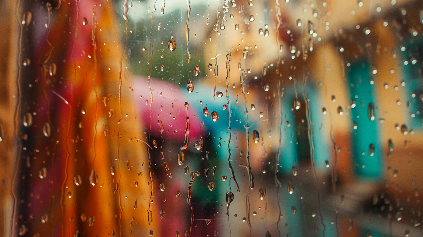 Raindrops window village colors serene