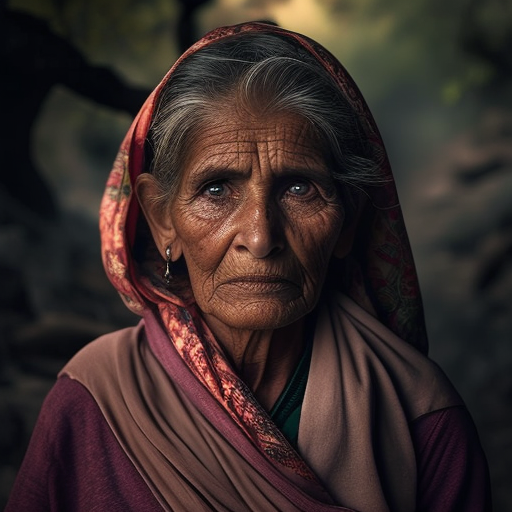 Indian village woman with clear facial features in forest