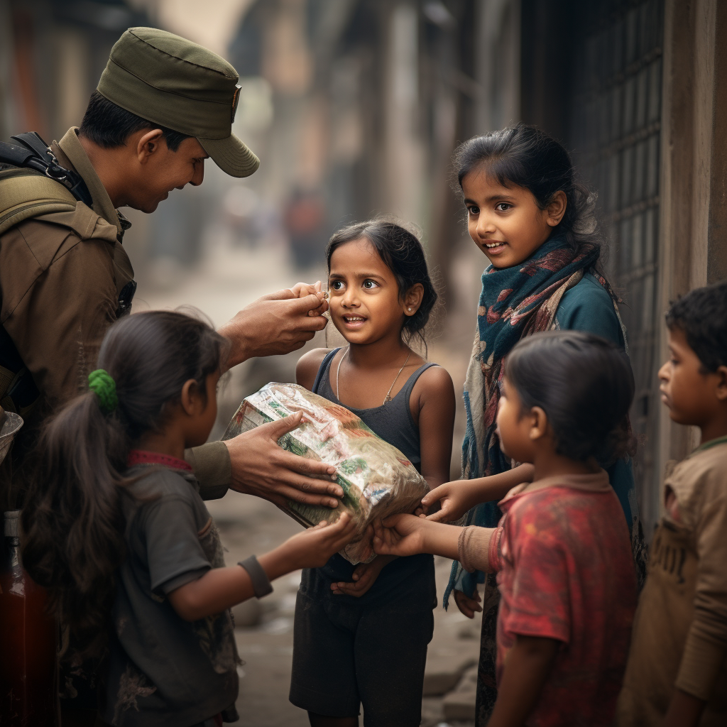 Indian volunteers feeding slum kids with packaged food.