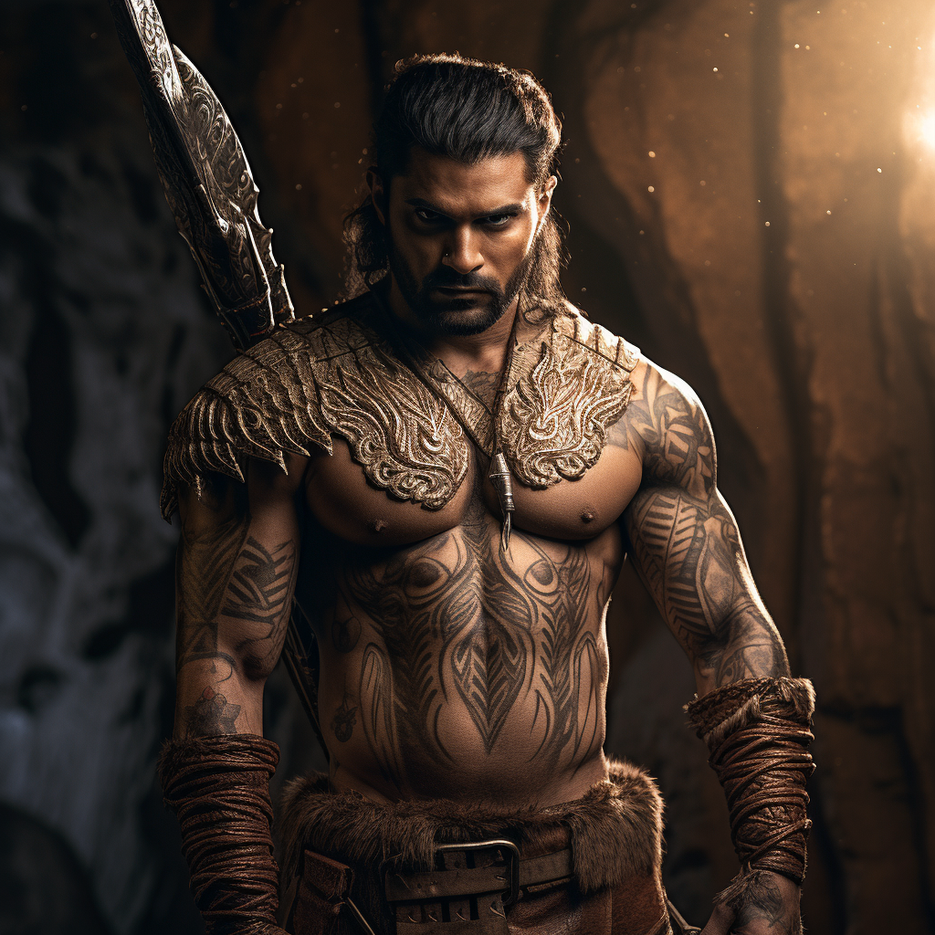 Indian warrior with halberd in ancient ruins