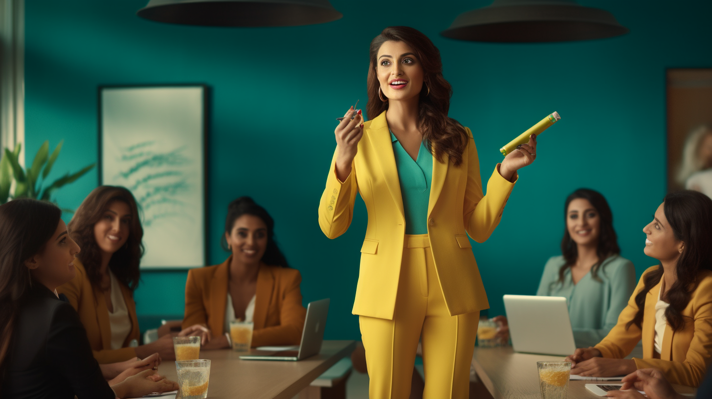 Indian woman CEOs presenting in teal suits