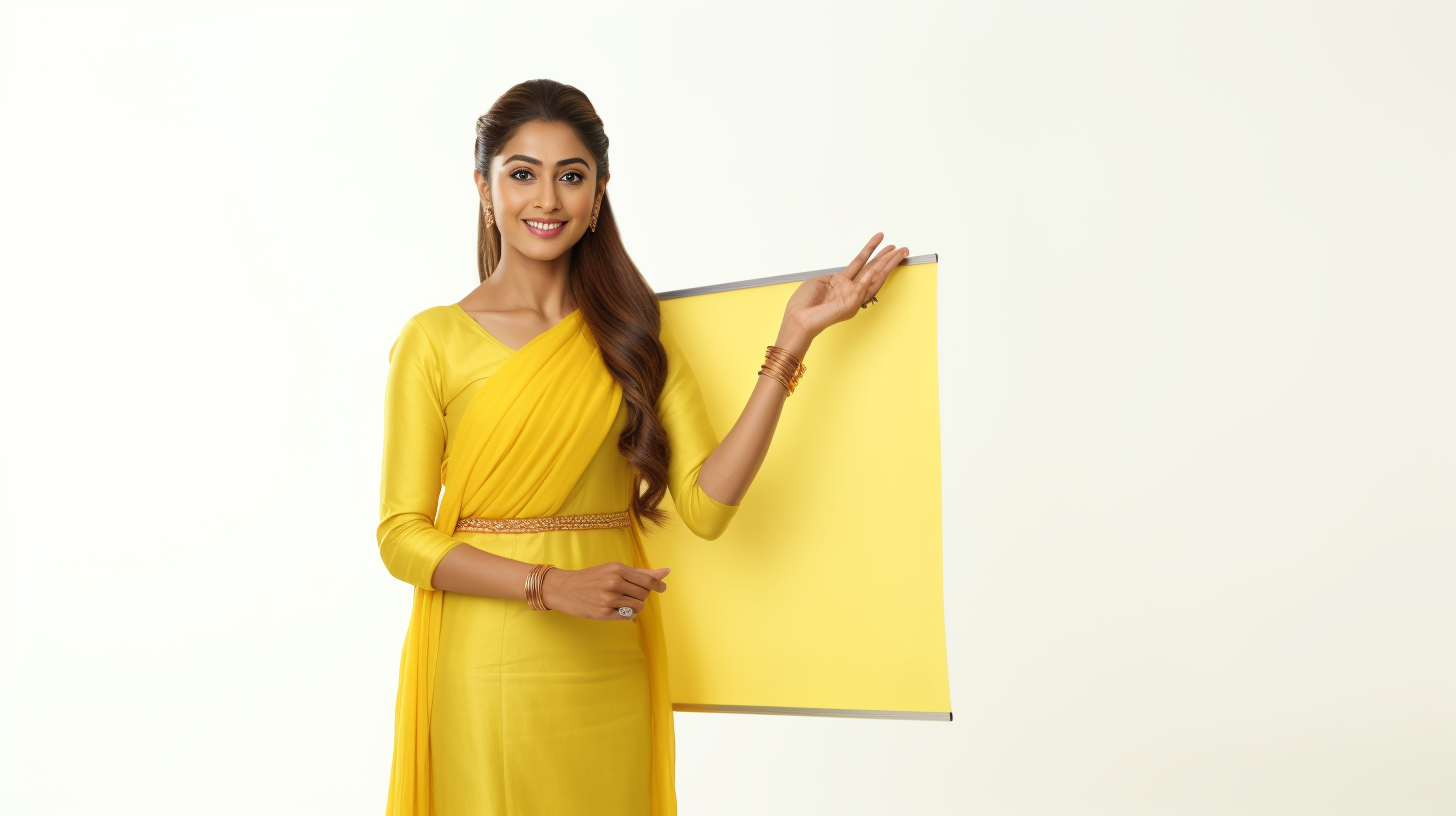 Indian woman CEO presenting in yellow business saree