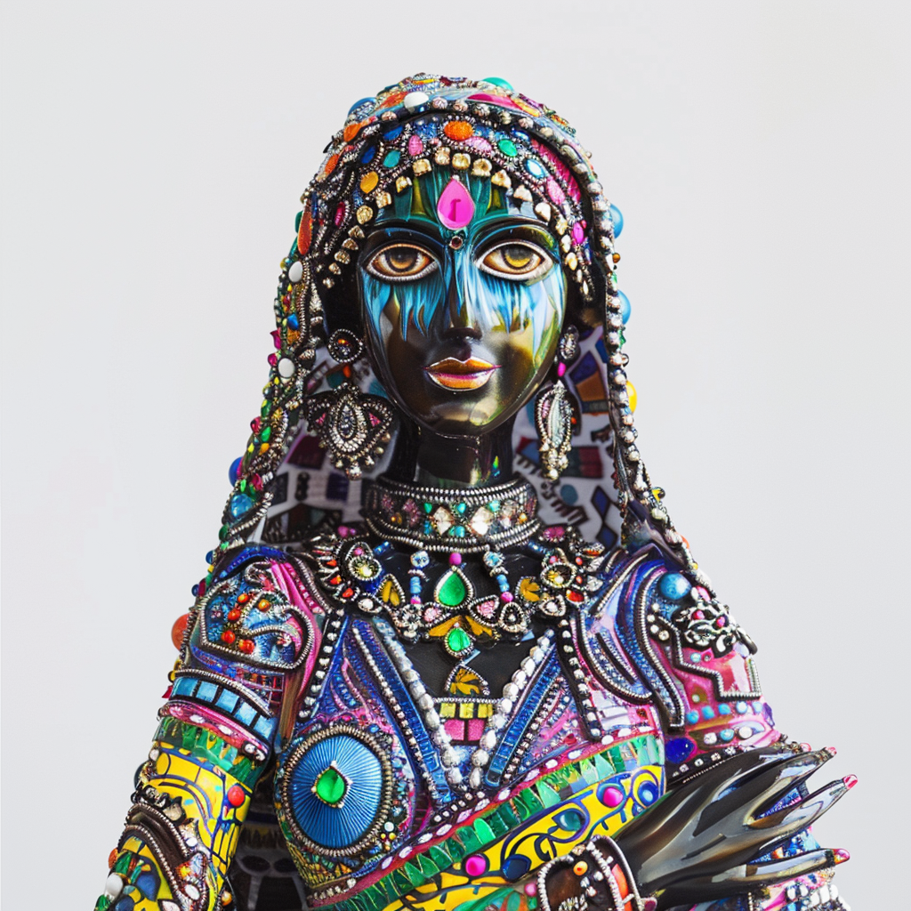 Indian woman covered in colorful gemstones