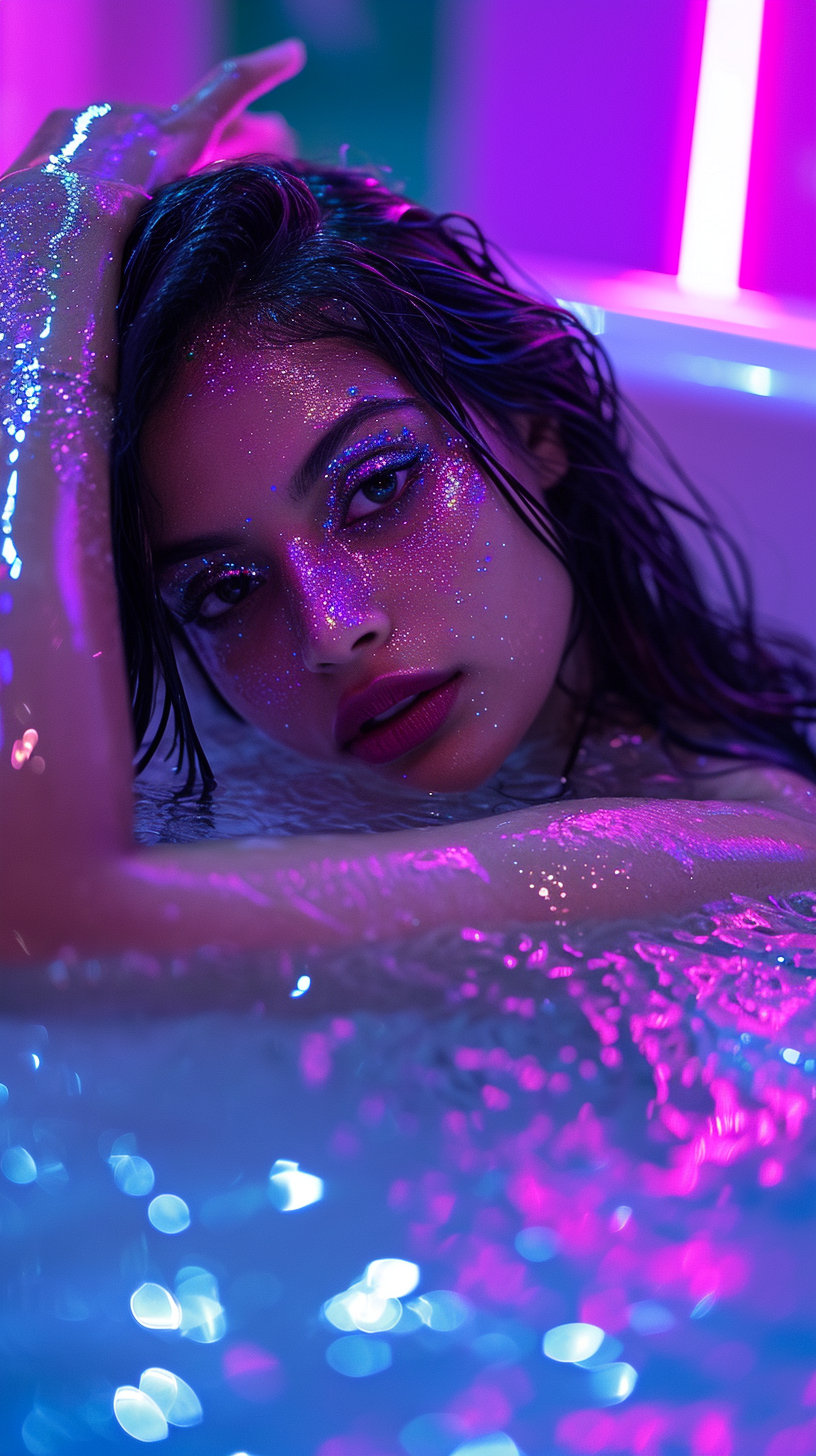 Indian Woman in Jacuzzi with Neon Lighting