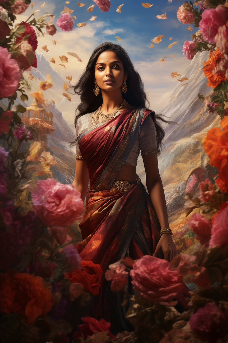 Indian woman in saree surrounded by flowers