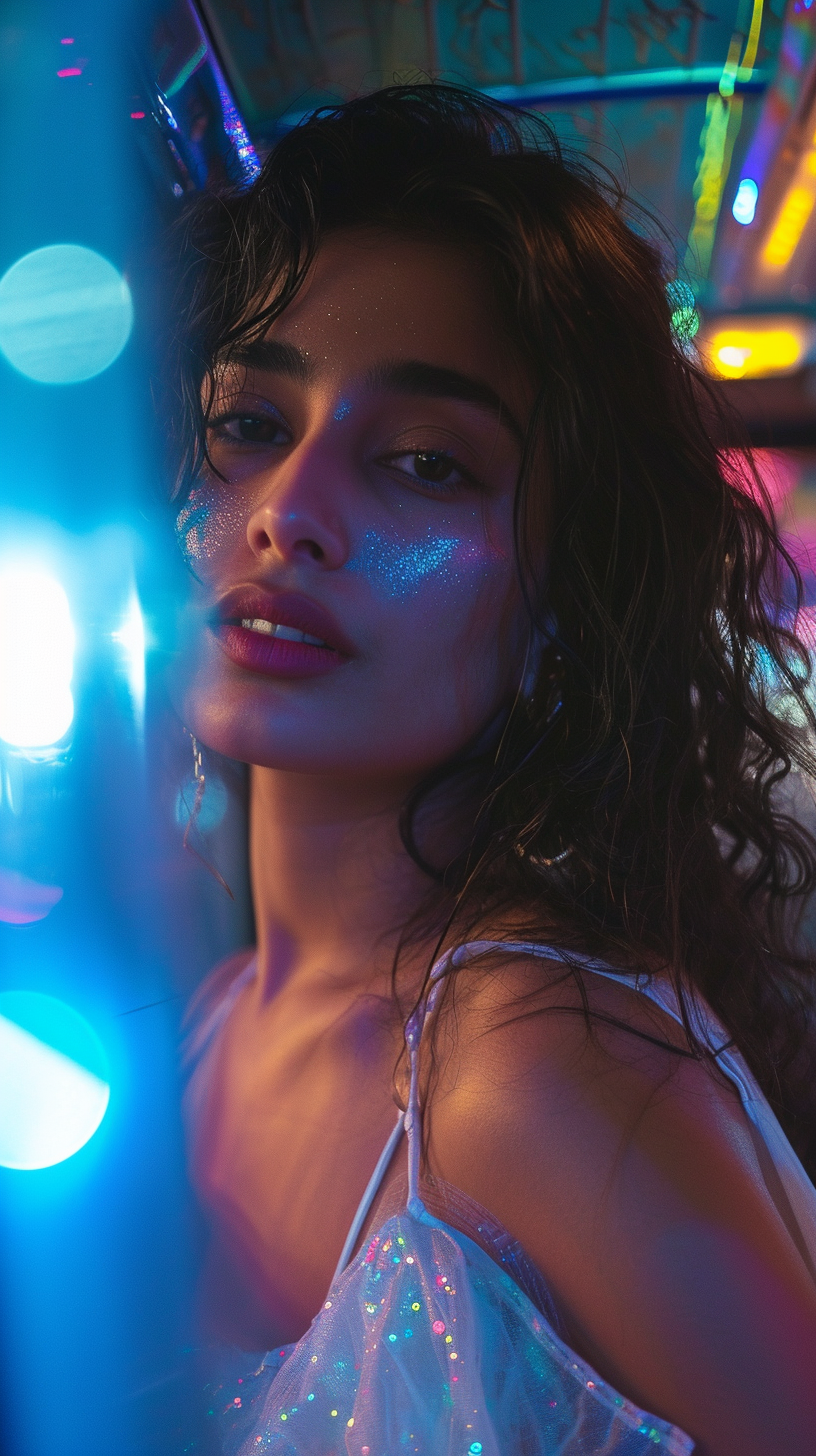 Indian woman in taxi at night