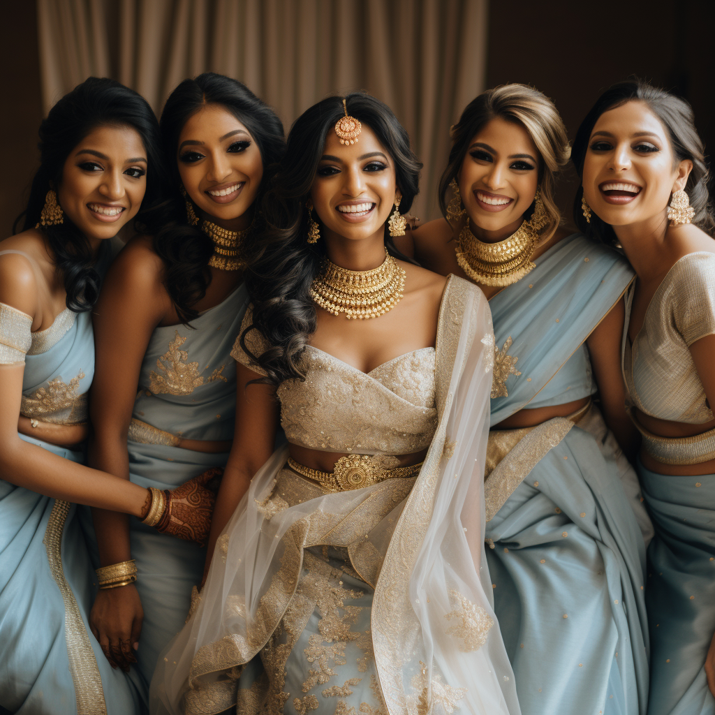 Group of Real Indian Bridesmaids in Blue Saris