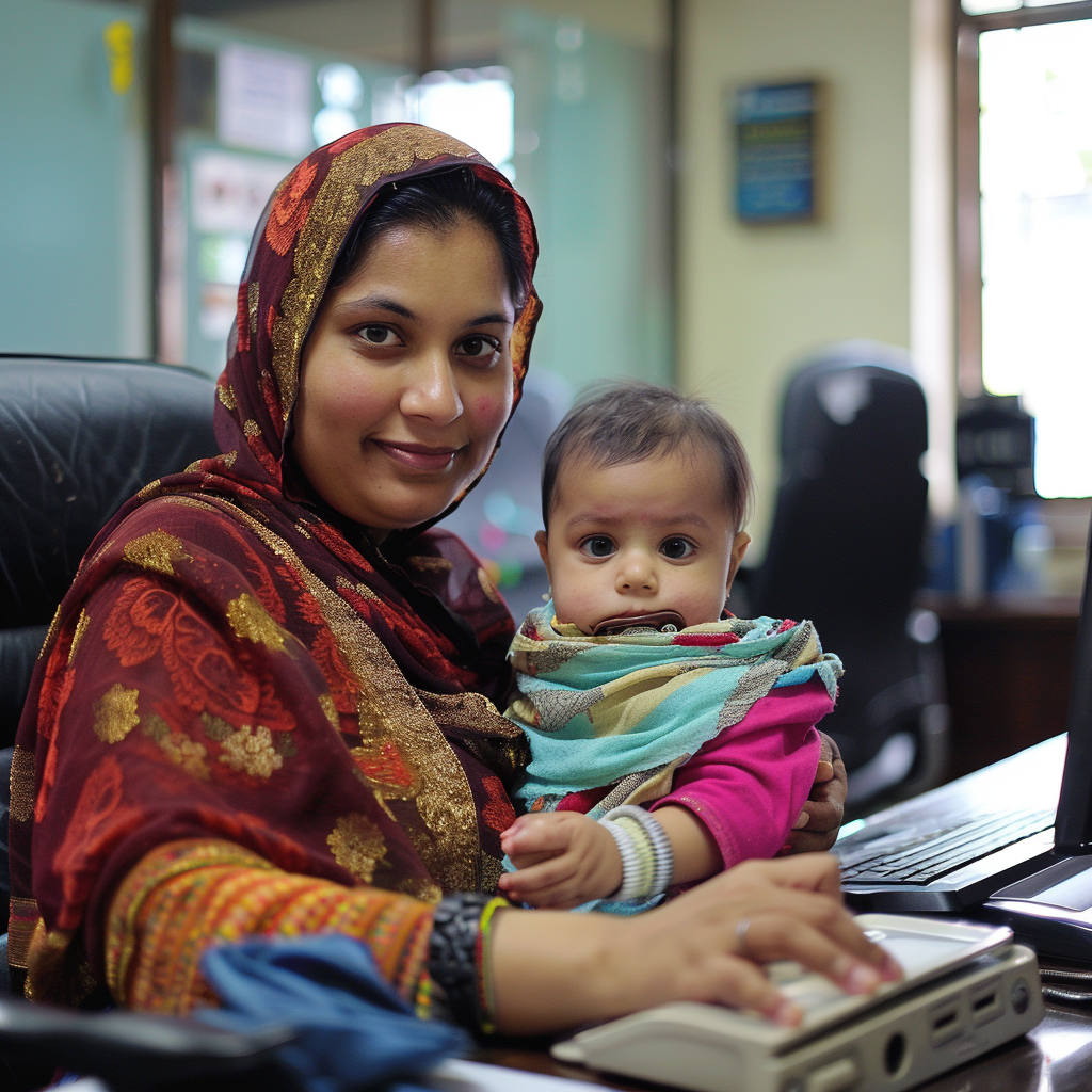 Indian working mother with baby office