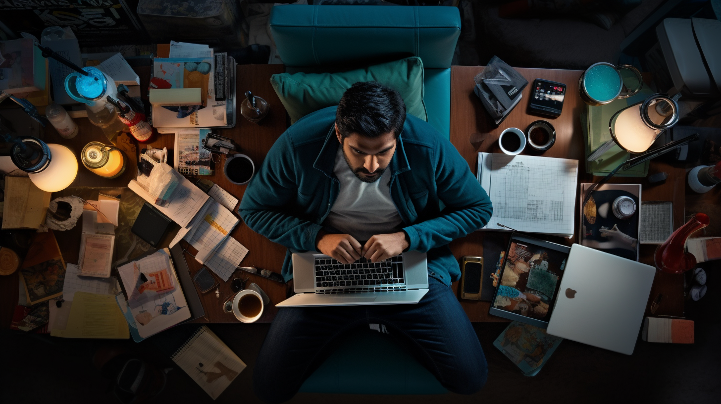 Focused Indian-American Man with Laptop and Work