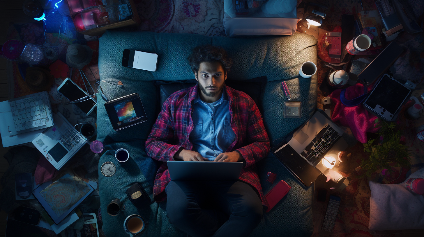 Busy focused Indian-American man on couch at night