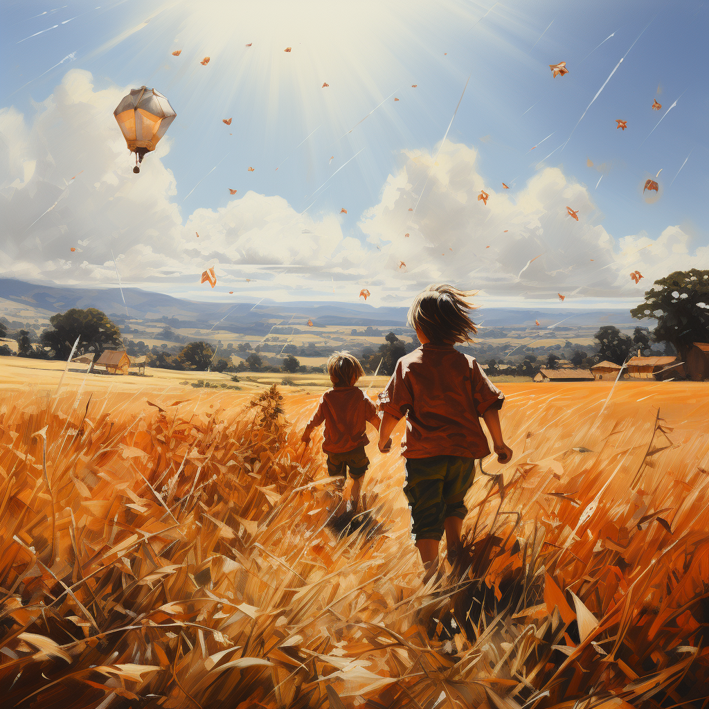 Indian children playing with kites in field