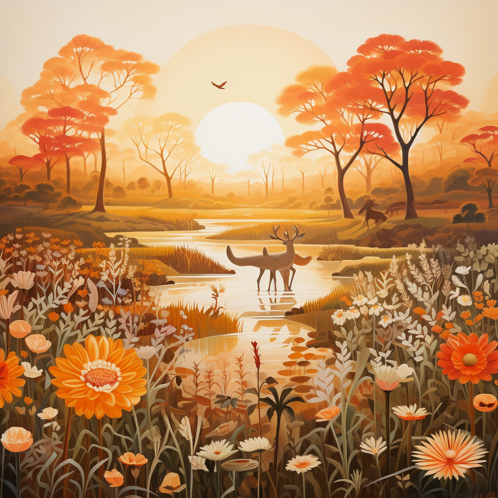 Vibrant Indian floral landscape and wildlife painting