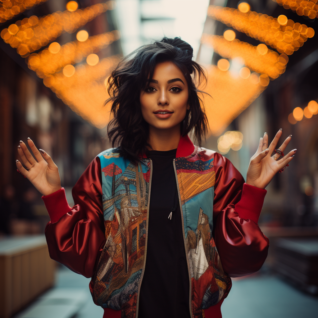 Indian girl in bomber jacket pointing forward.