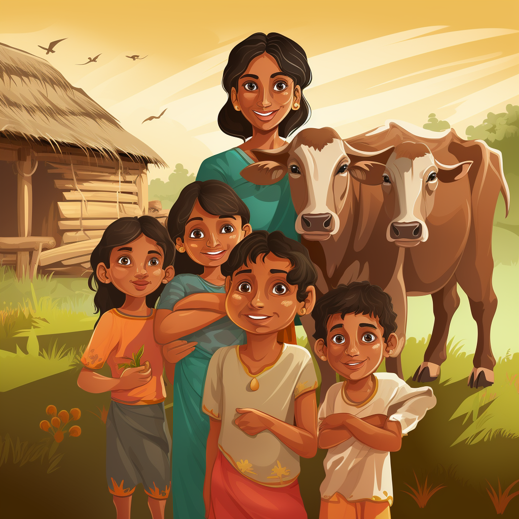 Indian mother and five children in front of cow barns