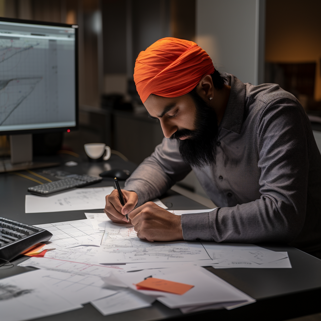 Indian user experience designer creating wireframes on paper