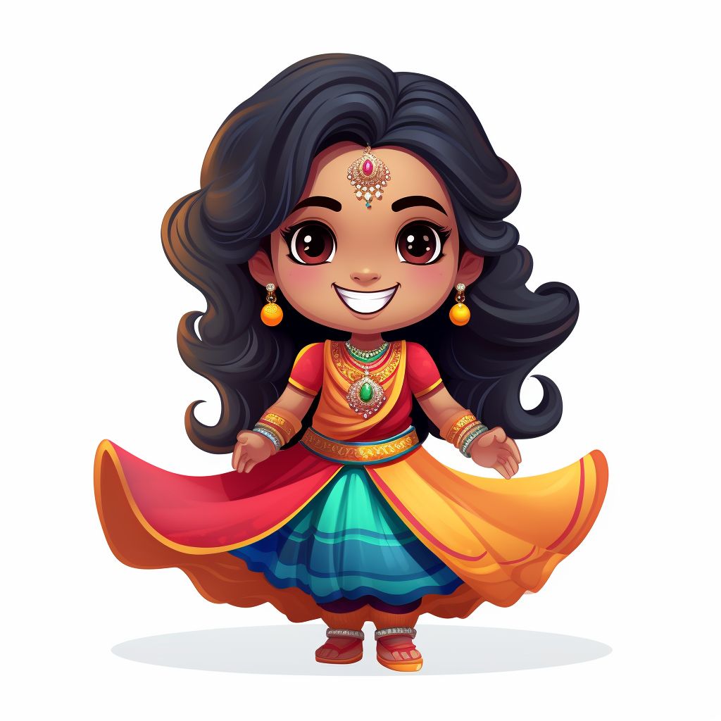 Indian woman in colorful Chibi style, happy and cute