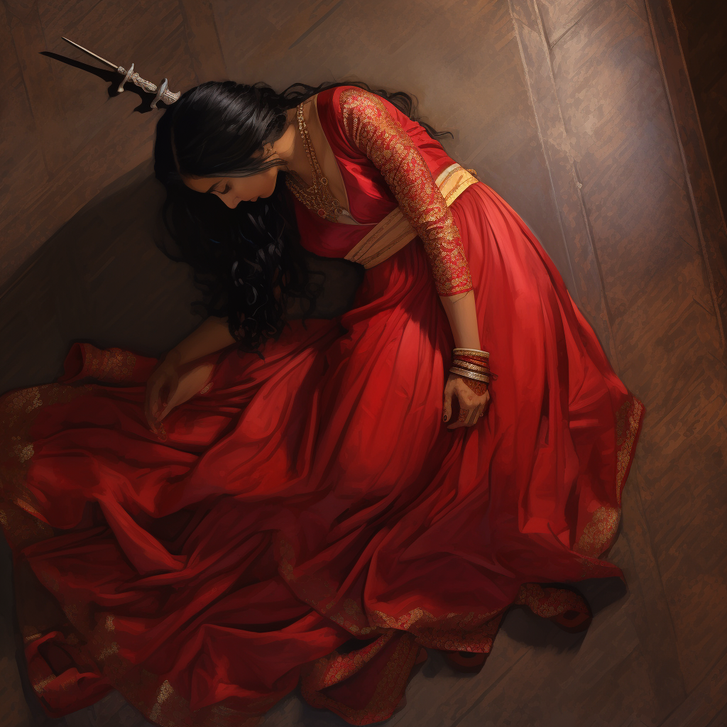 Unconscious Indian woman in red lahenga lying on floor