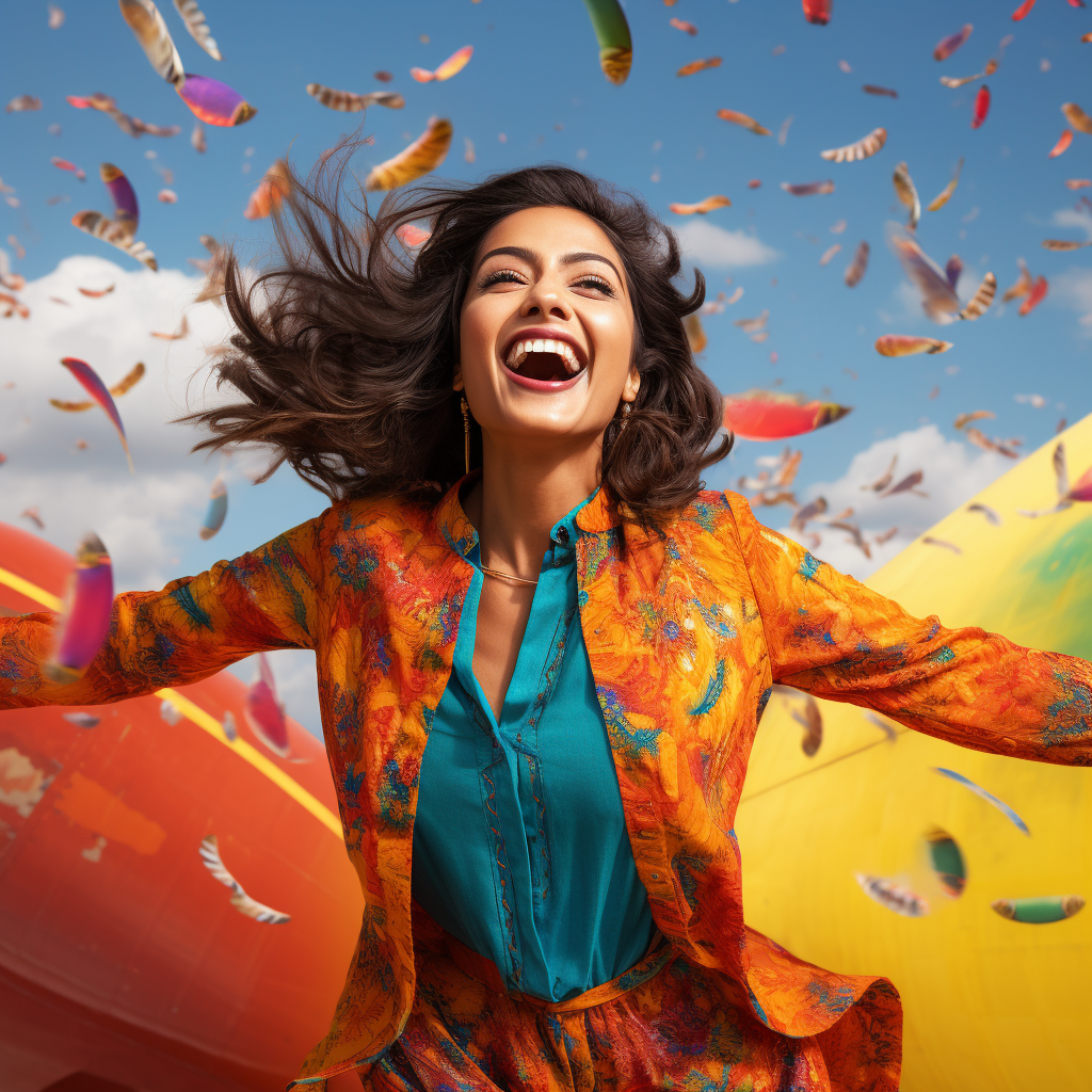 Indian woman with vibrant clothing and a happy expression