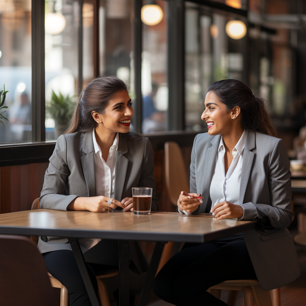 Indian women talking in office cafe