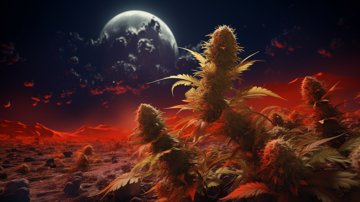 Photo-realistic indica cannabis plant on neon orange planet