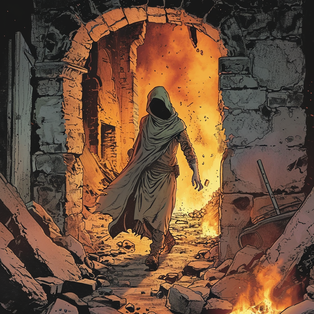 Hooded Survivor in Medieval Village Flames