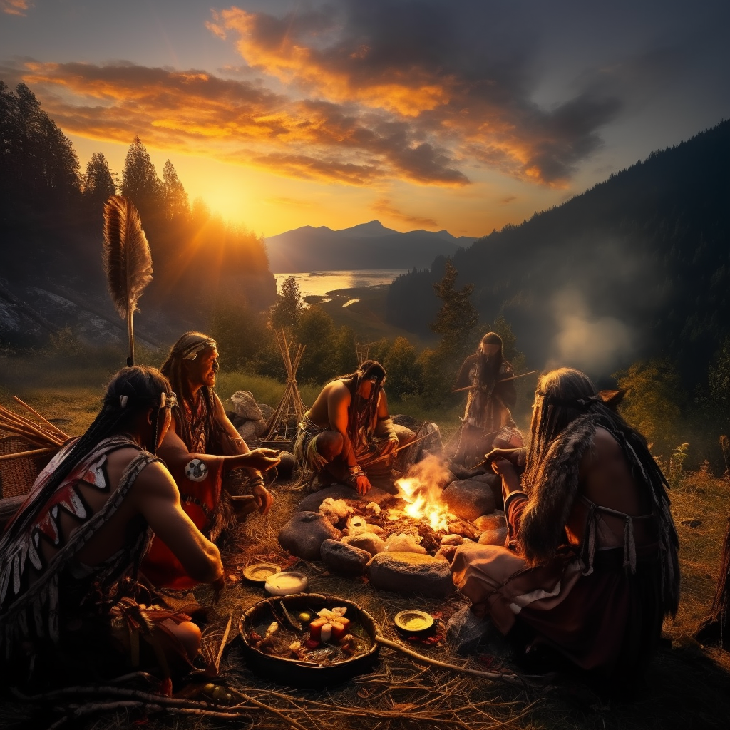 Indigenous Native Americans sharing food around fire at sunset